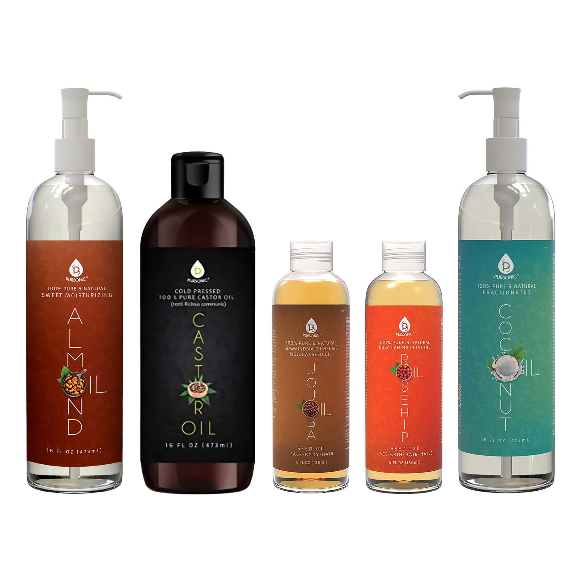 Pursonic Essential Oils & Skin Care Mega Bundle – 100% Pure Golden Jojoba Oil, Rosehip Oil, Sweet Almond Oil, Fractionated Coconut Oil, and Castor Oil Pursonic