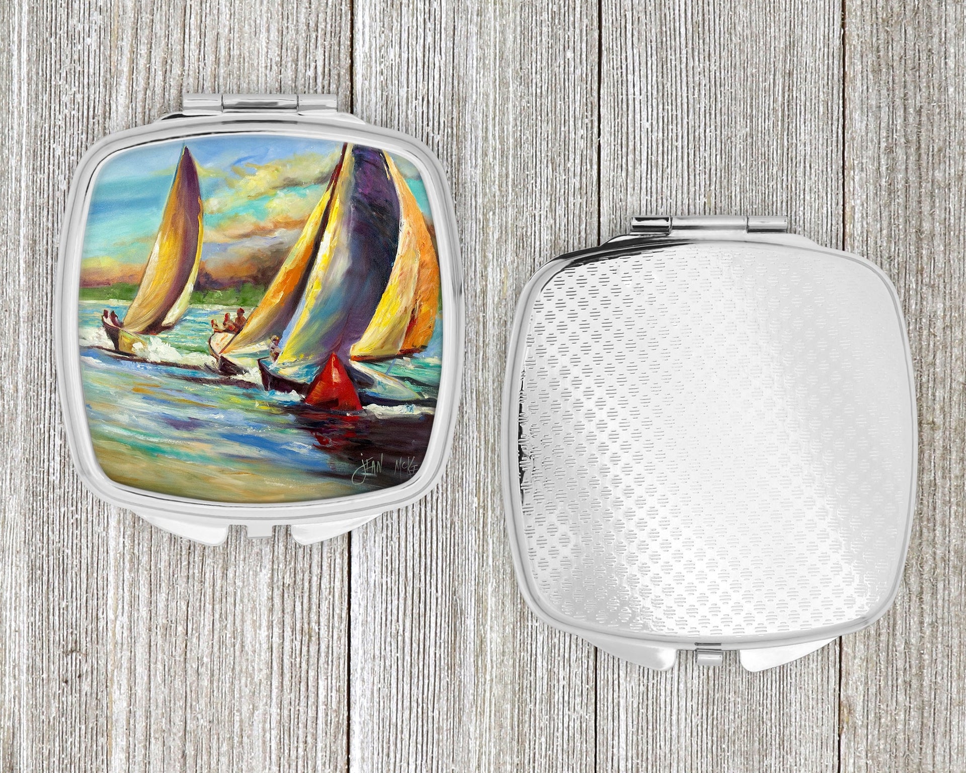 Knost Reggata Sailboats Compact Mirror – Stylish Purse Mirror with Artistic Covers JMK1236SCM