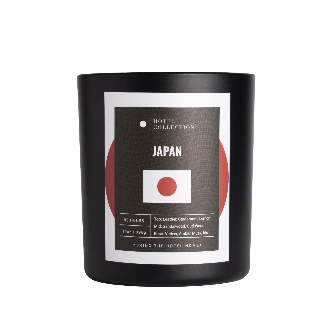 Black candle with 'Japan' label featuring a red circle on a white background