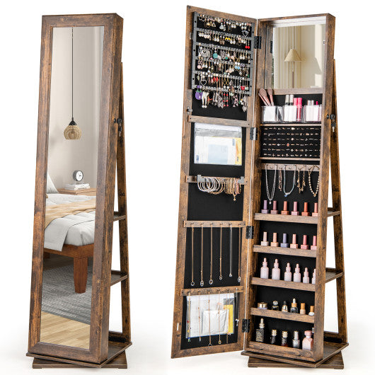 360° Swivel Jewelry Armoire Standing Jewelry Organizer with Full Length Mirror and Back Shelves-Rustic Brown