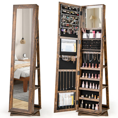 360° Swivel Jewelry Armoire Standing Jewelry Organizer with Full Length Mirror and Back Shelves-Rustic Brown