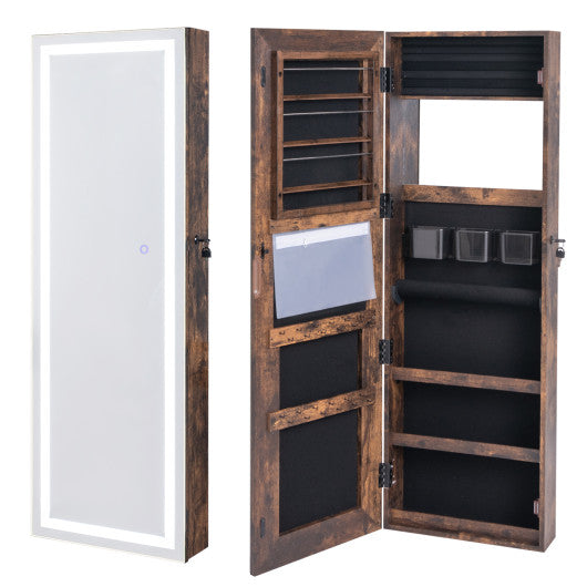 Mirrored Jewelry Armoire with Full Length Mirror and 2 Internal LED Lights-Rustic Brown