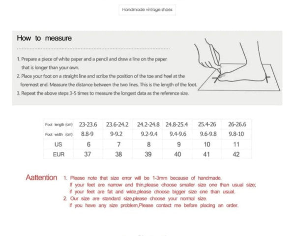 Instructions on how to measure feet with a chart and diagram, and size conversion guide.