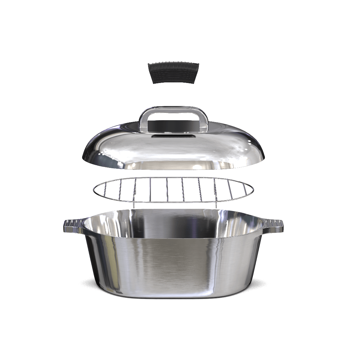 Stainless steel roasting pan with lid and rack on a white background