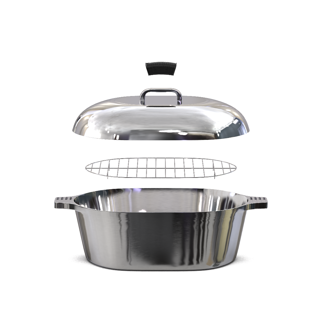 Stainless steel roasting pan with lid and rack on a white background