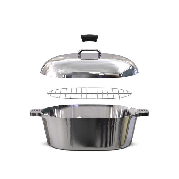 Stainless steel roasting pan with lid and rack on a white background