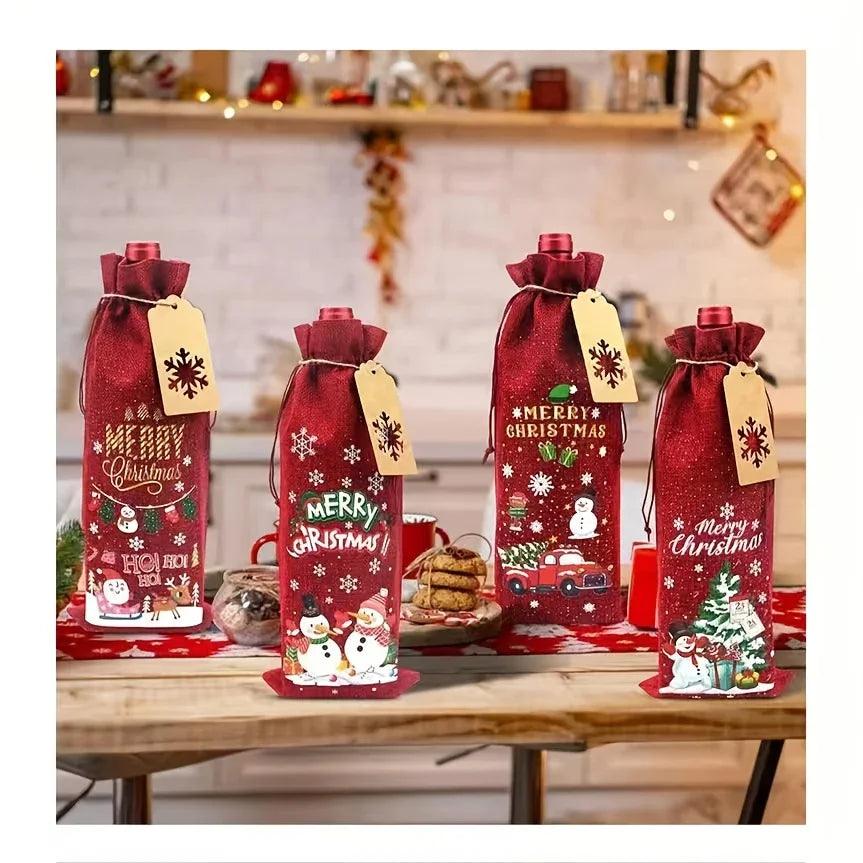 Jute Christmas Wine Bags with Gift Cards & Rope
