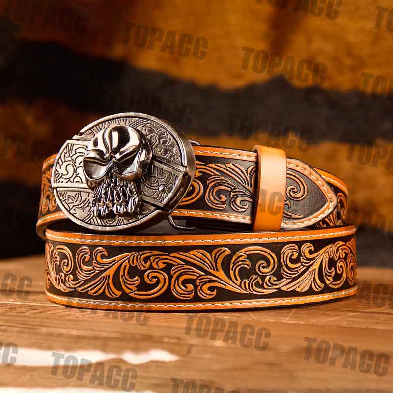 TOPACC Western Genuine Leather Pattern Tooled Belt - Buckle with Block
