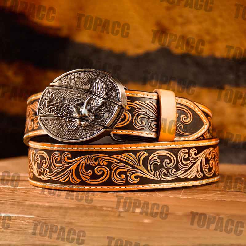 TOPACC Western Genuine Leather Pattern Tooled Belt - Buckle with Block