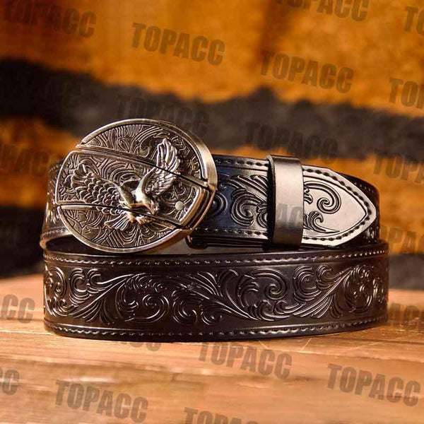 TOPACC Western Genuine Leather Pattern Tooled Black Belt - Buckle with Block - Gifts for You 'n Me