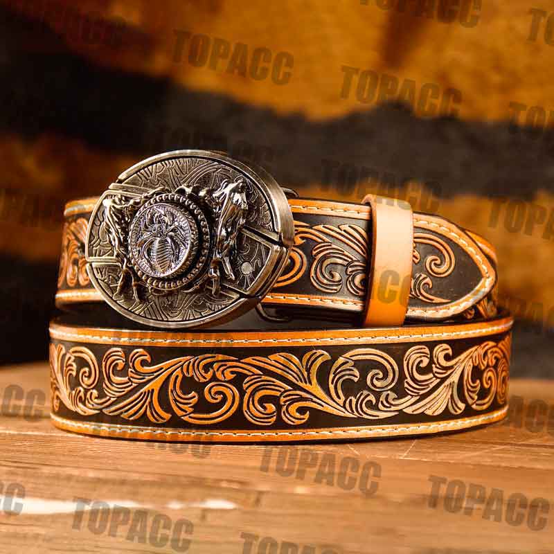 TOPACC Western Genuine Leather Pattern Tooled Belt - Buckle with Block