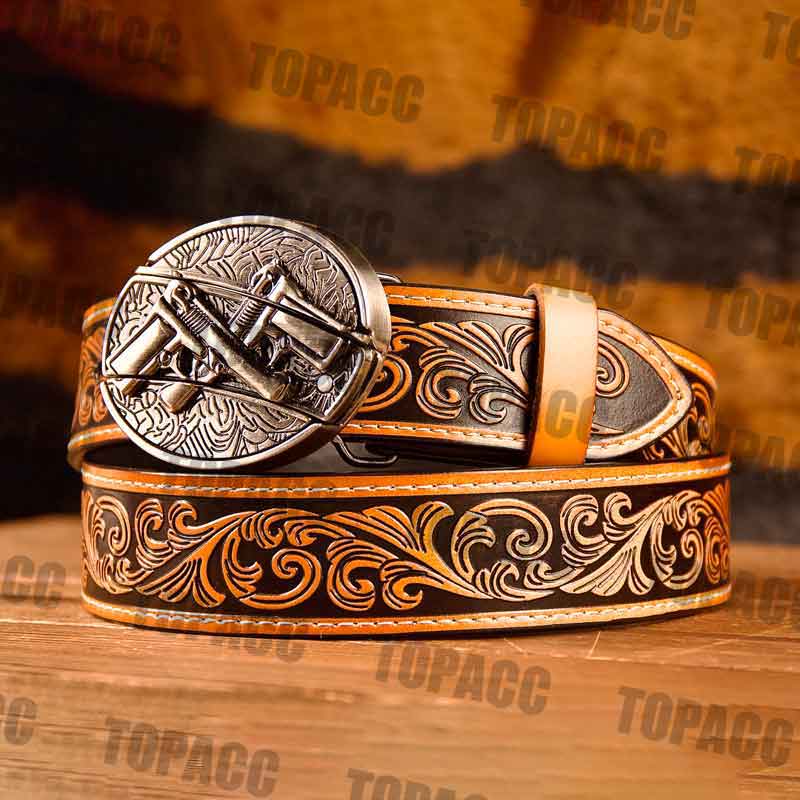 TOPACC Western Genuine Leather Pattern Tooled Belt - Buckle with Block