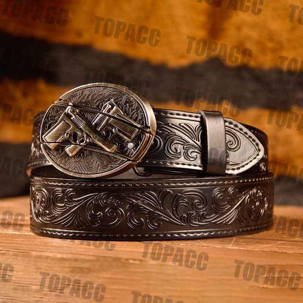 TOPACC Western Genuine Leather Pattern Tooled Black Belt - Buckle with Block - Gifts for You 'n Me