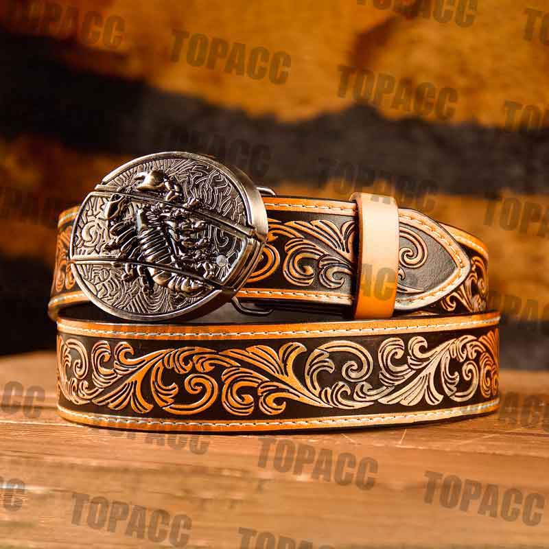 TOPACC Western Genuine Leather Pattern Tooled Belt - Buckle with Block