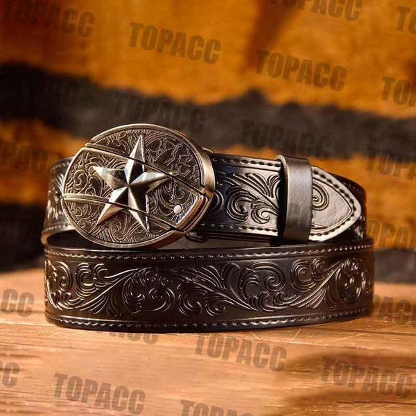 TOPACC Western Genuine Leather Pattern Tooled Black Belt - Buckle with Block - Gifts for You 'n Me