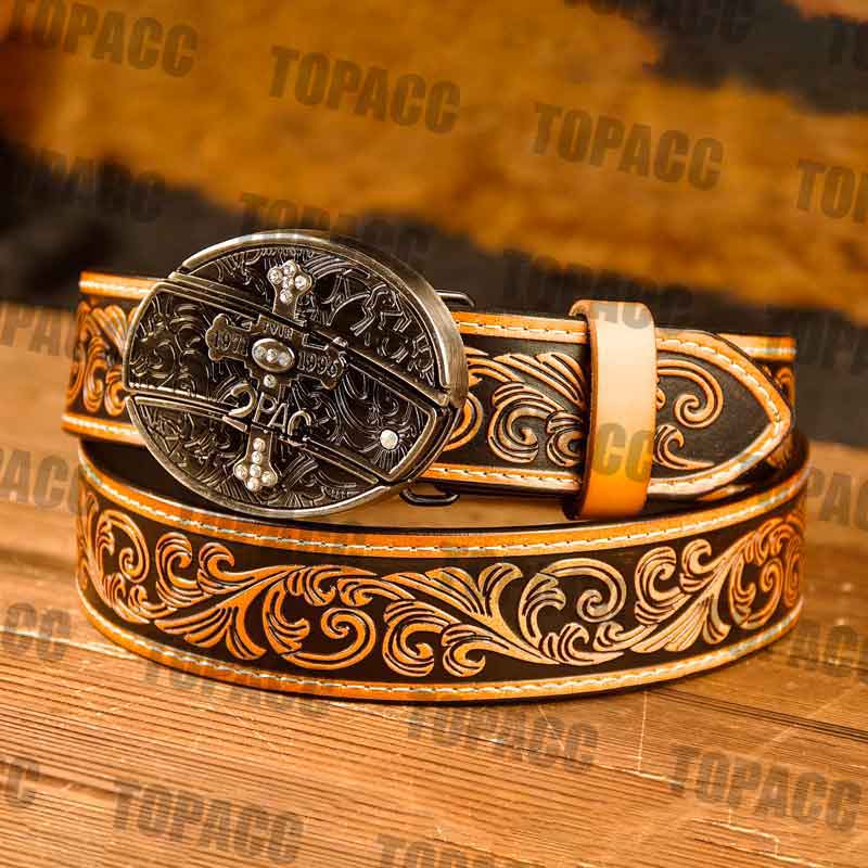 TOPACC Western Genuine Leather Pattern Tooled Belt - Buckle with Block