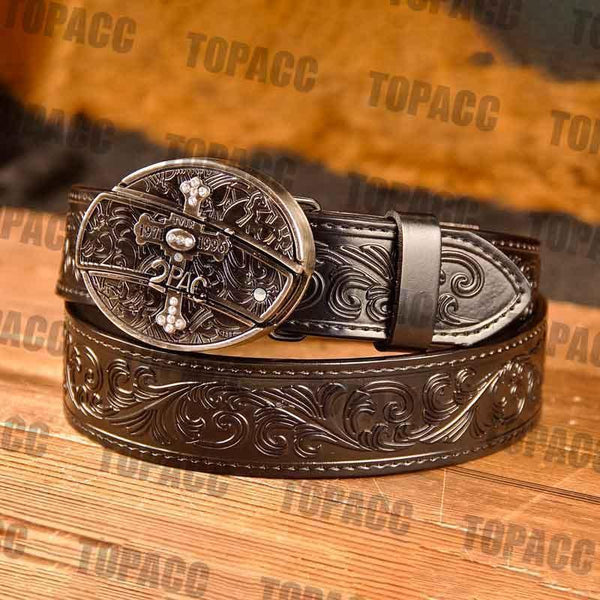 TOPACC Western Genuine Leather Pattern Tooled Black Belt - Buckle with Block - Gifts for You 'n Me