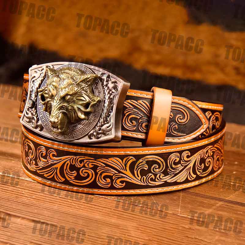TOPACC Western Genuine Leather Pattern Tooled Belt -Square Buckle with Block