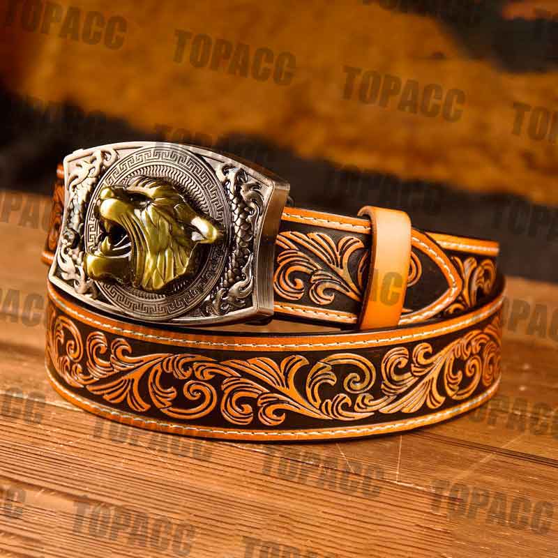 TOPACC Western Genuine Leather Pattern Tooled Belt -Square Buckle with Block