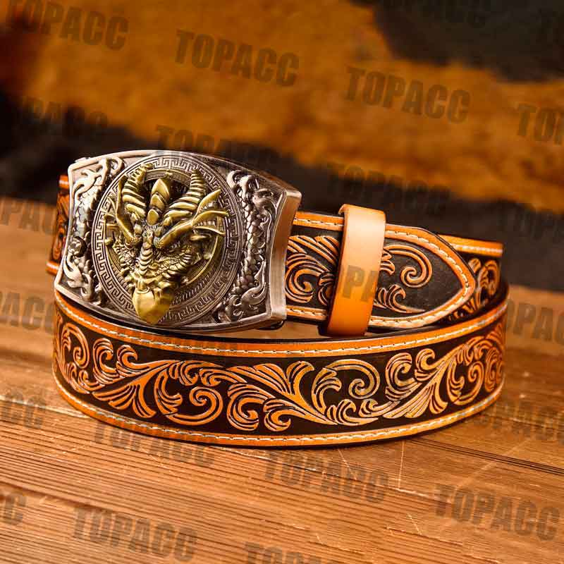 TOPACC Western Genuine Leather Pattern Tooled Belt -Square Buckle with Block
