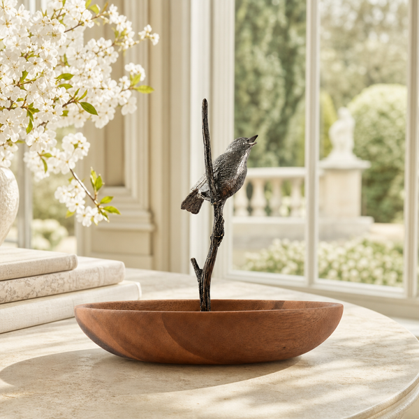 Bronze Song Bird Wood Tidbit Server Bowl