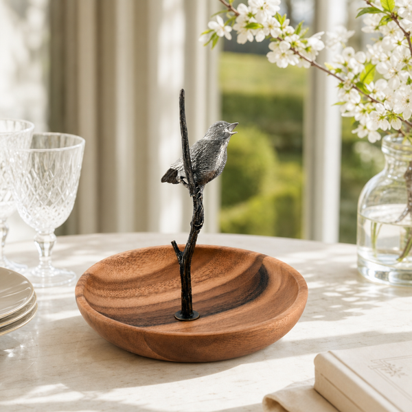 Bronze Song Bird Wood Tidbit Server Bowl