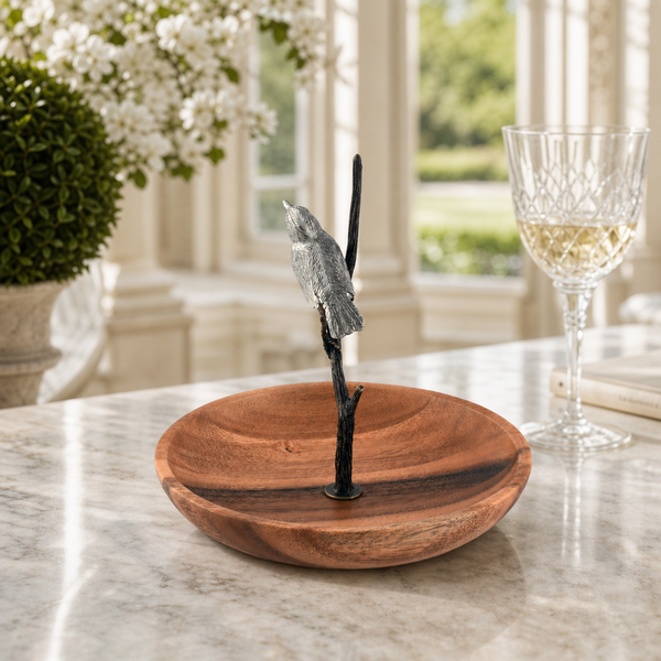 Bronze Song Bird Wood Tidbit Server Bowl