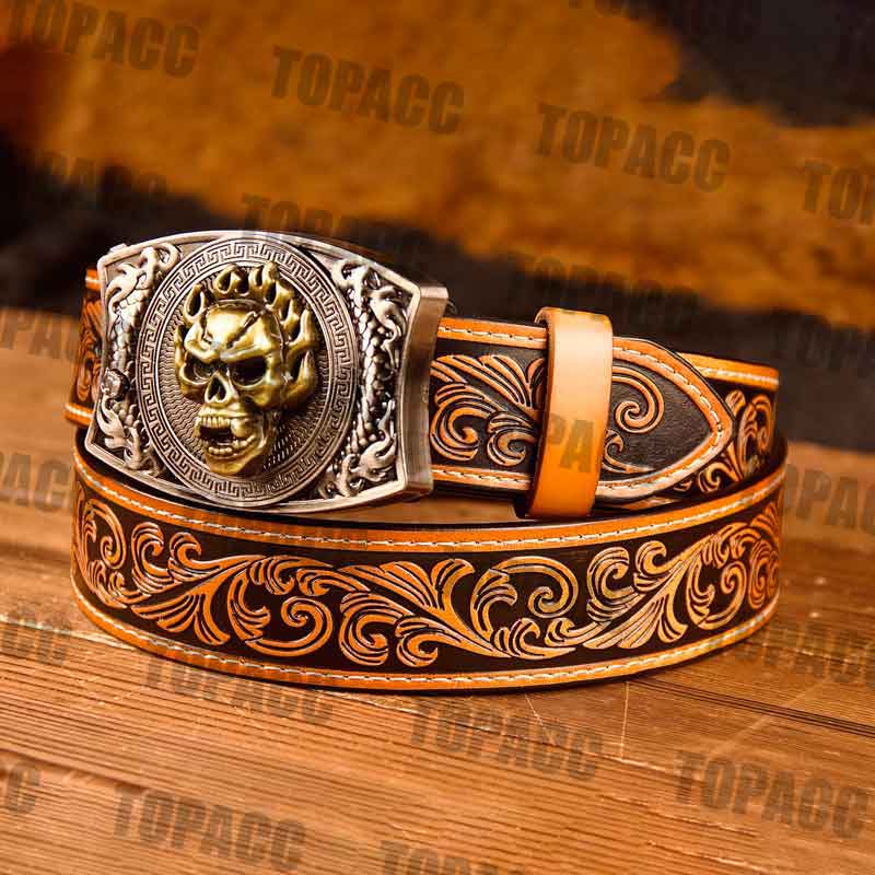 TOPACC Western Genuine Leather Pattern Tooled Belt -Square Buckle with Block
