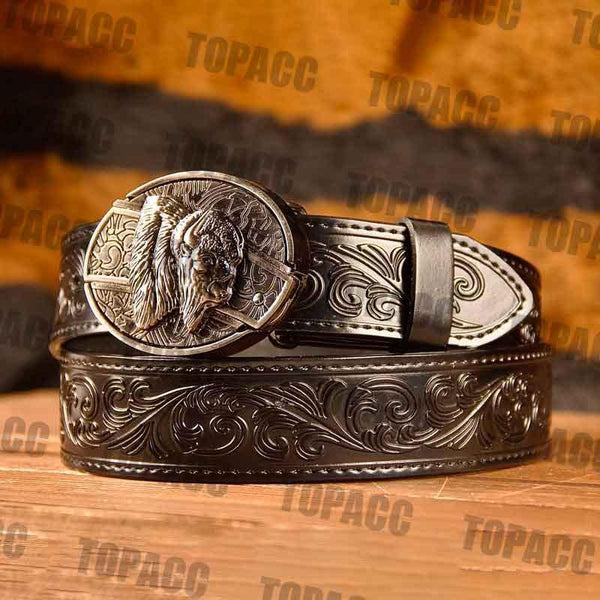 TOPACC Western Genuine Leather Pattern Tooled Black Belt - Buckle with Block - Gifts for You 'n Me