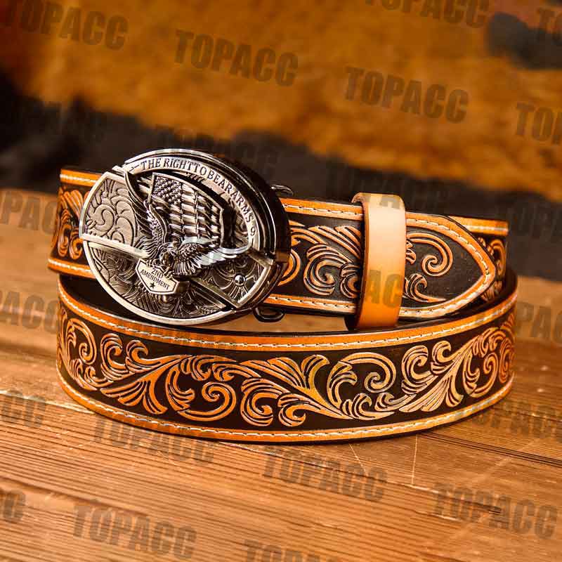 TOPACC Western Genuine Leather Pattern Tooled Belt - Buckle with Block