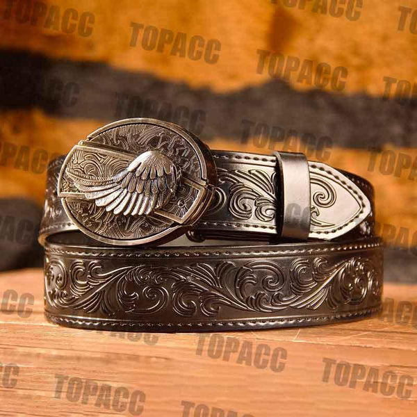 TOPACC Western Genuine Leather Pattern Tooled Black Belt - Buckle with Block - Gifts for You 'n Me