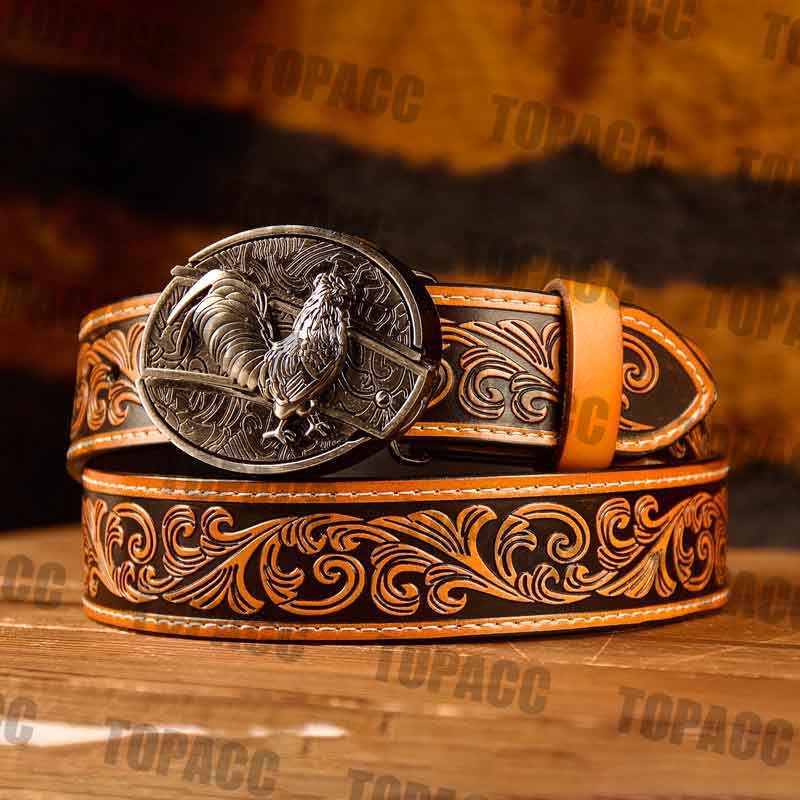 TOPACC Western Genuine Leather Pattern Tooled Belt - Buckle with Block