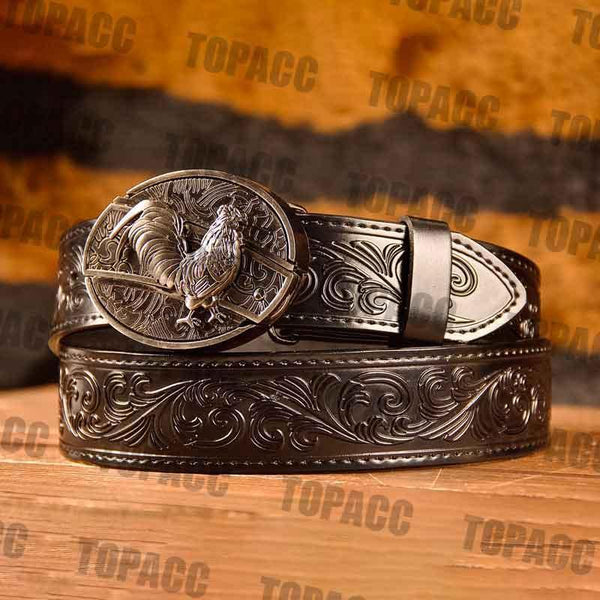 TOPACC Western Genuine Leather Pattern Tooled Black Belt - Buckle with Block - Gifts for You 'n Me