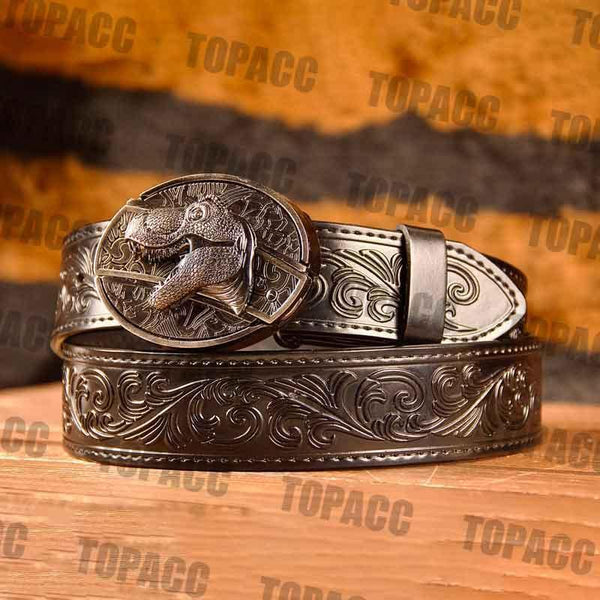 TOPACC Western Genuine Leather Pattern Tooled Black Belt - Buckle with Block - Gifts for You 'n Me