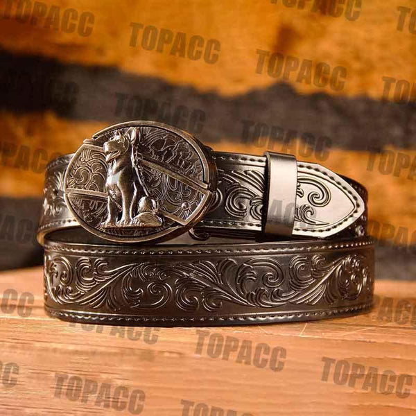 TOPACC Western Genuine Leather Pattern Tooled Black Belt - Buckle with Block - Gifts for You 'n Me