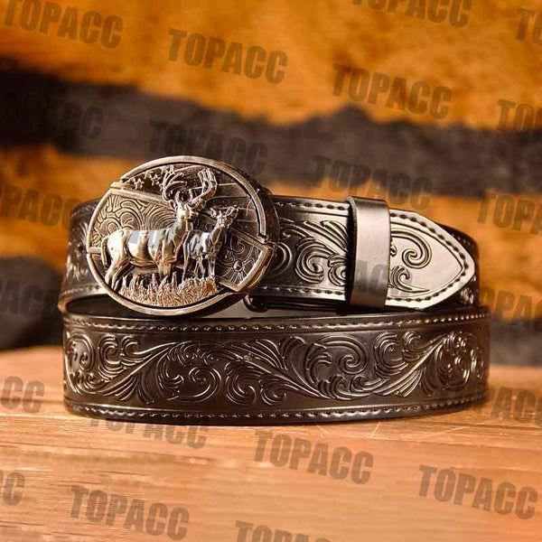TOPACC Western Genuine Leather Pattern Tooled Black Belt - Buckle with Block - Gifts for You 'n Me