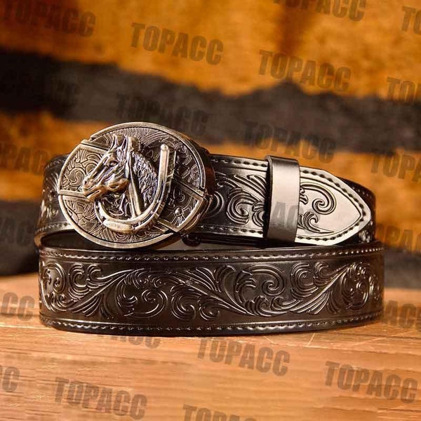 TOPACC Western Genuine Leather Pattern Tooled Black Belt - Buckle with Block - Gifts for You 'n Me