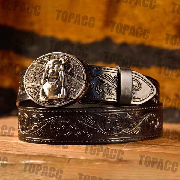 TOPACC Western Genuine Leather Pattern Tooled Black Belt - Buckle with Block - Gifts for You 'n Me