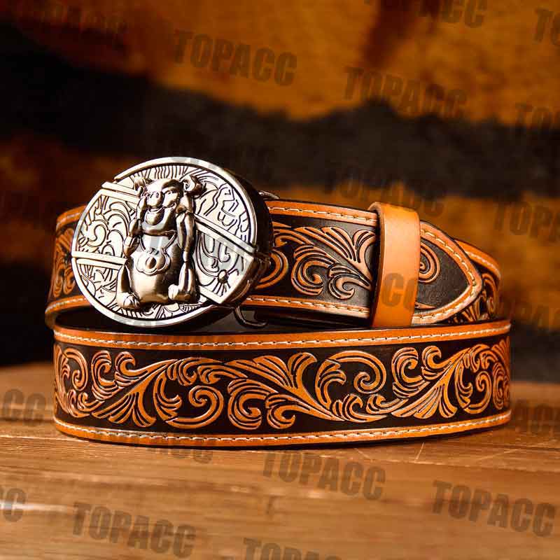 TOPACC Western Genuine Leather Pattern Tooled Belt - Buckle with Block