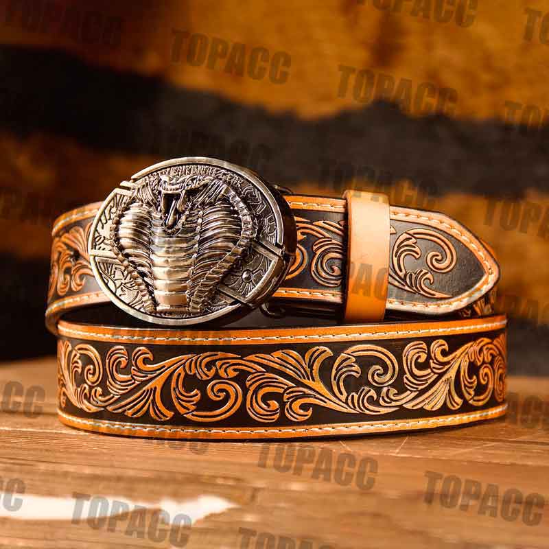 TOPACC Western Genuine Leather Pattern Tooled Belt - Buckle with Block