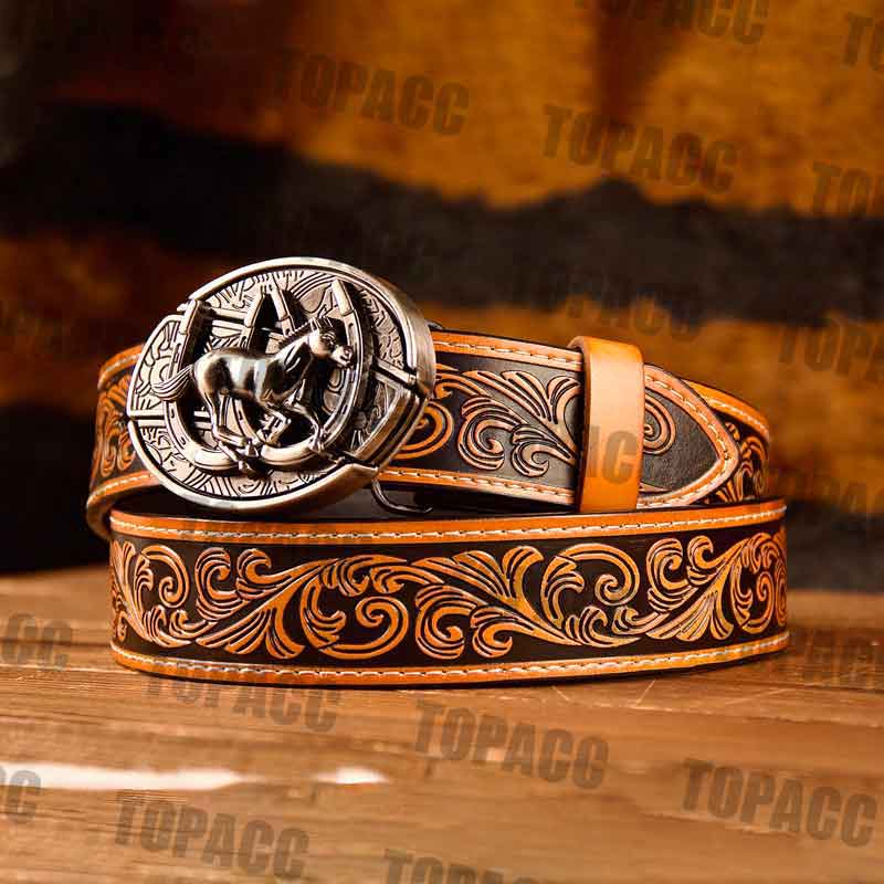TOPACC Western Genuine Leather Pattern Tooled Belt - Buckle with Block