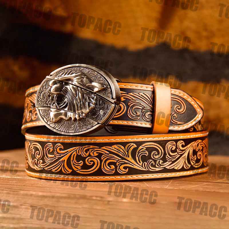TOPACC Western Genuine Leather Pattern Tooled Belt - Buckle with Block