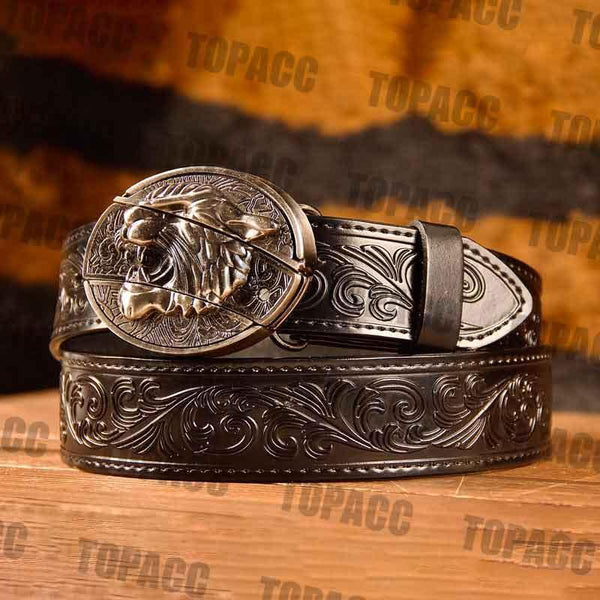 TOPACC Western Genuine Leather Pattern Tooled Black Belt - Buckle with Block - Gifts for You 'n Me