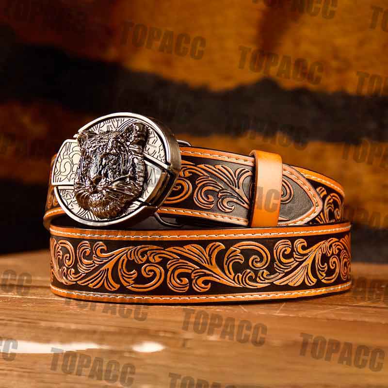 TOPACC Western Genuine Leather Pattern Tooled Belt - Buckle with Block