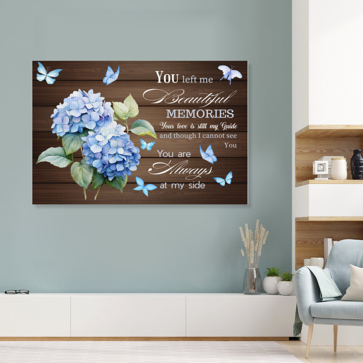 Memorial Canvas Wall Art – You Left Me Beautiful Memories Quote with Hydrangea Floral – Remembrance Gift for Loss of Loved One