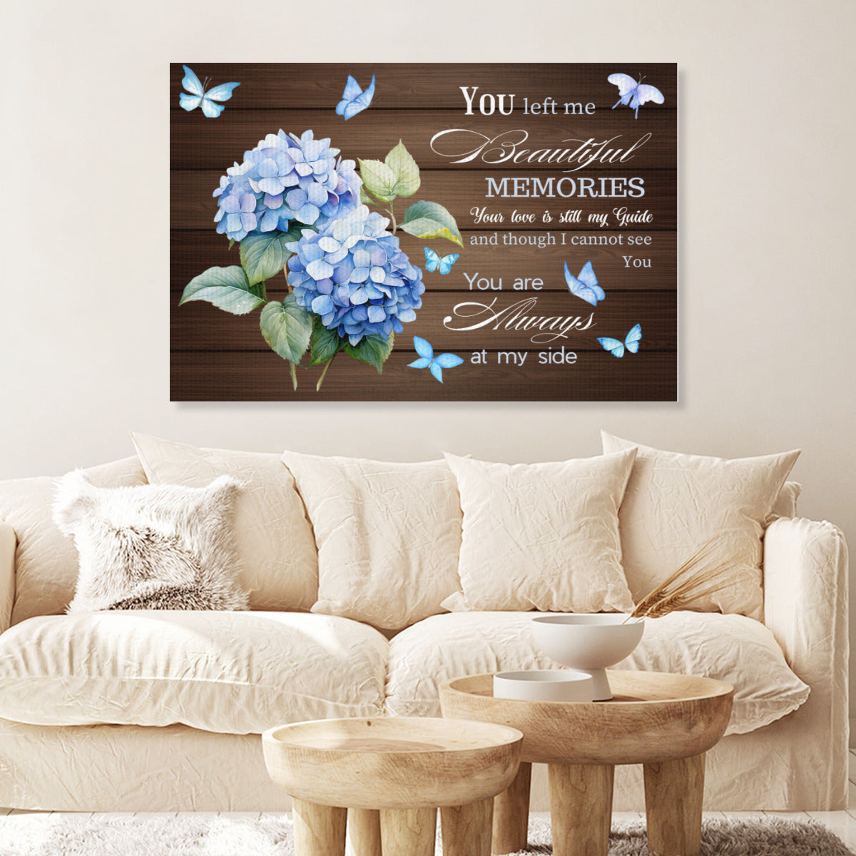Memorial Canvas Wall Art – You Left Me Beautiful Memories Quote with Hydrangea Floral – Remembrance Gift for Loss of Loved One