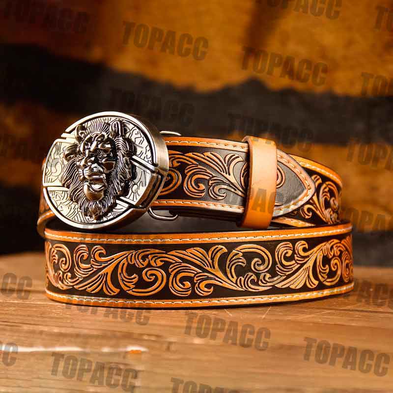 TOPACC Western Genuine Leather Pattern Tooled Belt - Buckle with Block