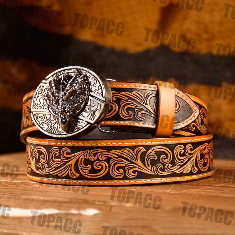 TOPACC Western Genuine Leather Pattern Tooled Belt - Buckle with Block