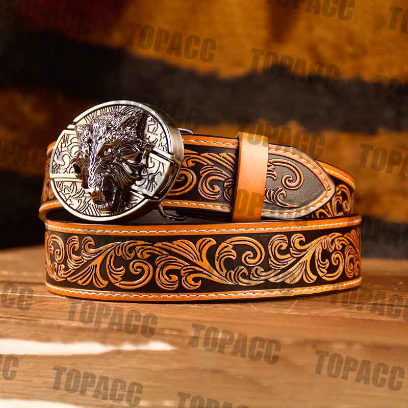 TOPACC Western Genuine Leather Pattern Tooled Belt - Buckle with Block