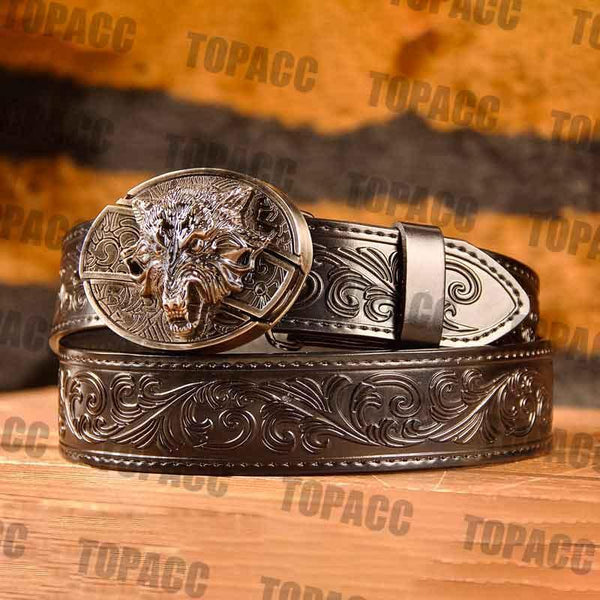 TOPACC Western Genuine Leather Pattern Tooled Black Belt - Buckle with Block - Gifts for You 'n Me